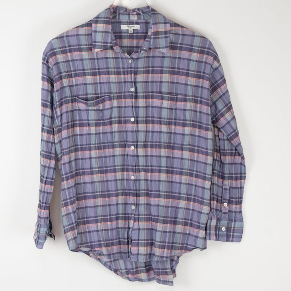 Madewell Shrunken Trapeze Shirt Plaid Button Front Cotton Blue Pink Size Small - Picture 2 of 6